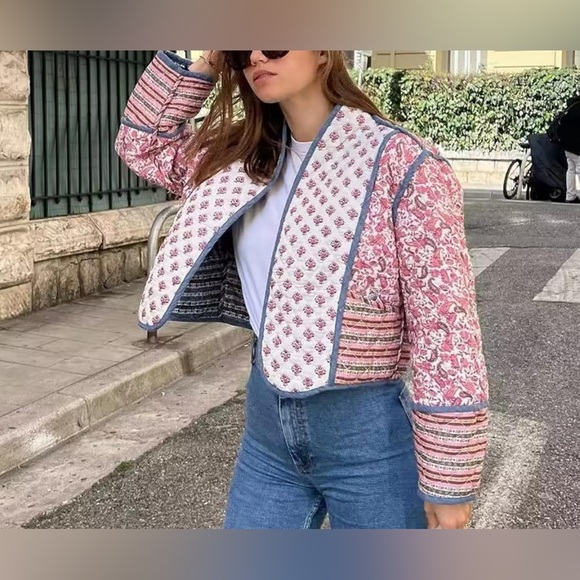 Floral patchwork cropped puffer jacket M - Picture 4 of 9